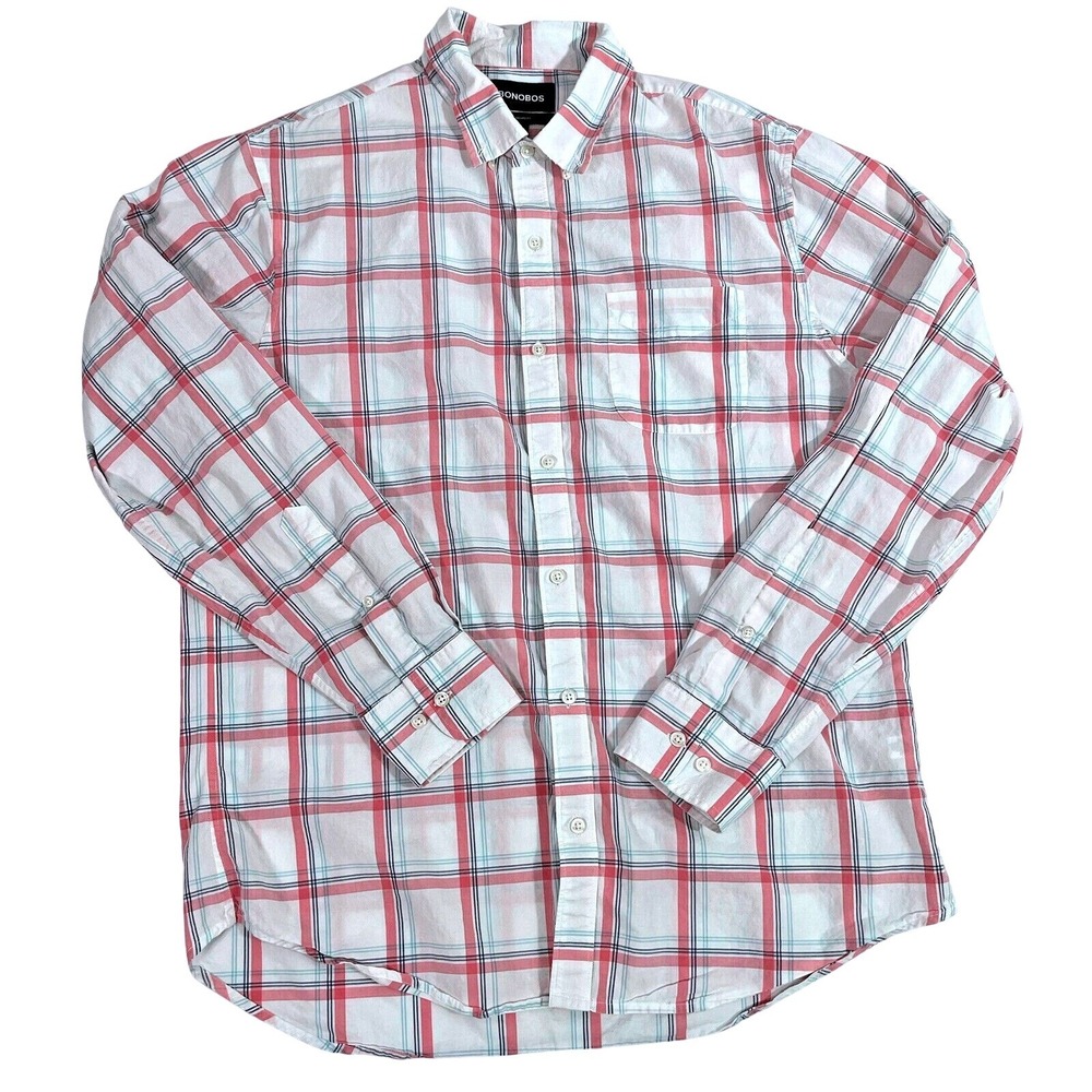 Bonobos Button Down Long Sleeve Shirt Mens L White Red Blue Plaid Standard Fit